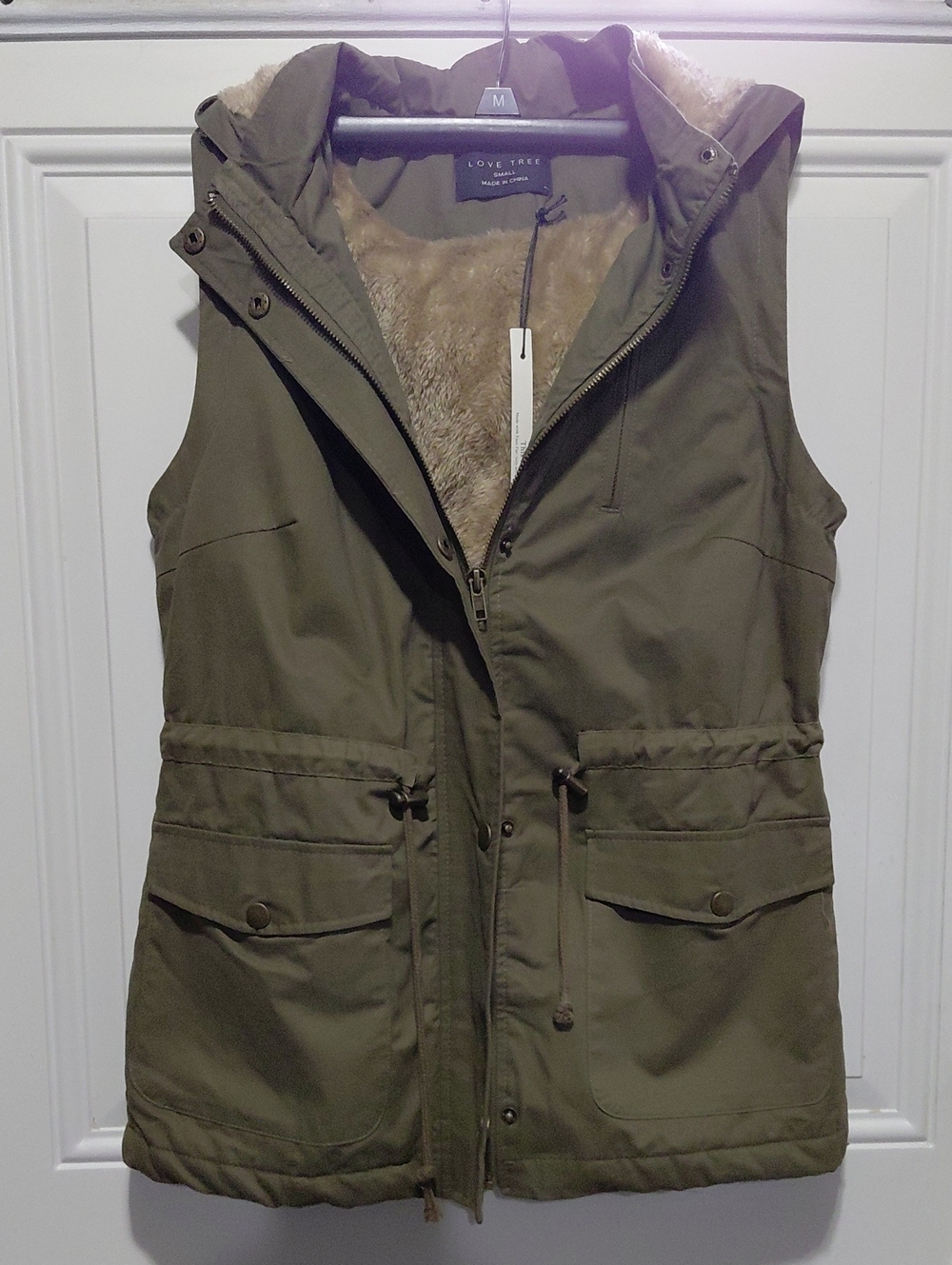 Love Tree Olive Hooded Faux-Fur Lined Utility Vest